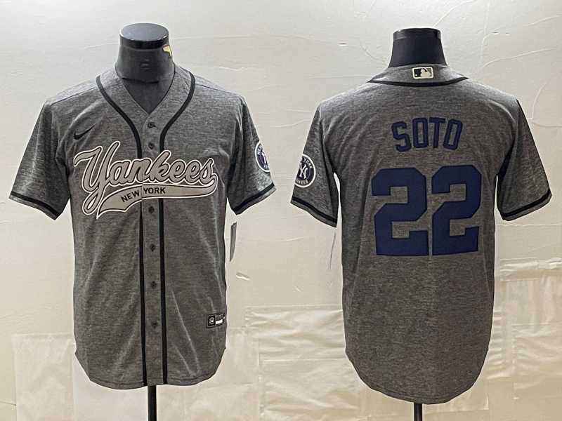 Mens New York Yankees #22 Juan Soto Grey Gridiron Cool Base Stitched Baseball Jersey